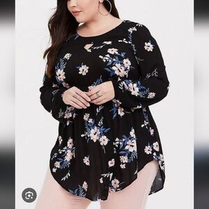 Torrid black floral blouse asymmetrical long sleeve elasticated waist rayon 1.